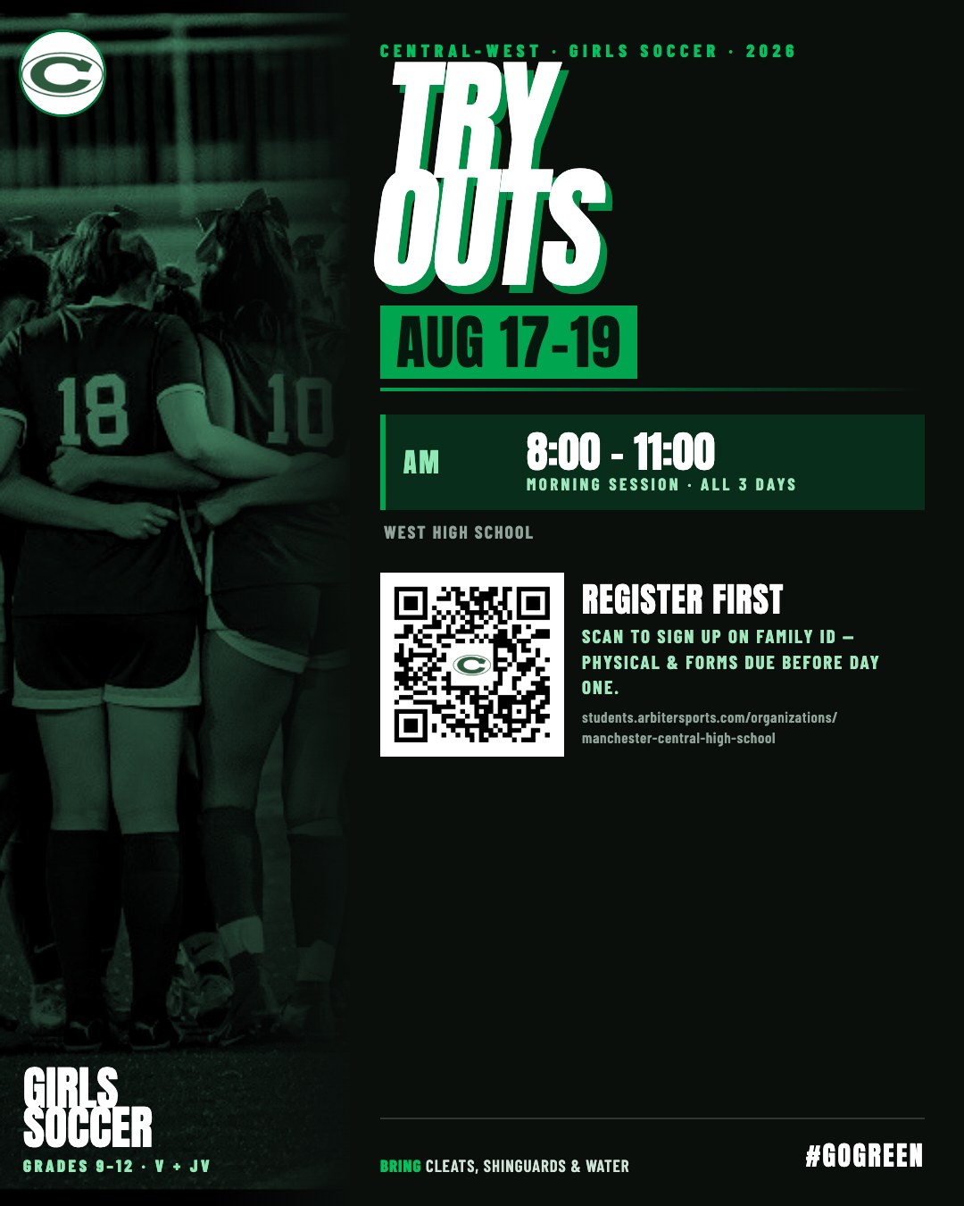 Central-West Girls Soccer tryouts flyer, August 17-19